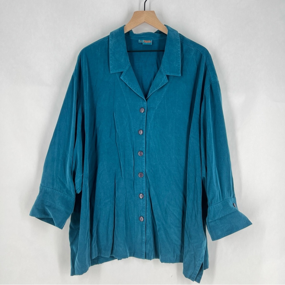 Tianello TENCEL Plus‎ Sized Aida Blouse Button Front Garment Dyed Teal Size 2X